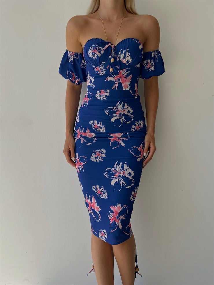 Midi Boy Çiçekli Göğüs Kuplu Boyu Ayarlanabilir Bağcıklı Kaley Kadın Saks Elbise 22Y000298