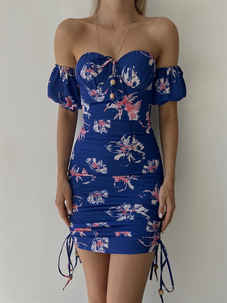 Midi Boy Çiçekli Göğüs Kuplu Boyu Ayarlanabilir Bağcıklı Kaley Kadın Saks Elbise 22Y000298