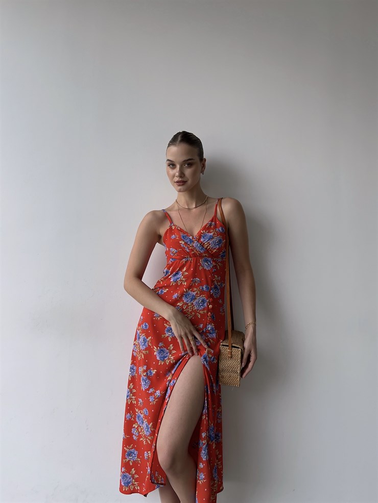 Midi Boy Çiçekli Kruvaze Yaka Yırtmaçlı Ruber Kadın Kırmızı Elbise 22Y000357