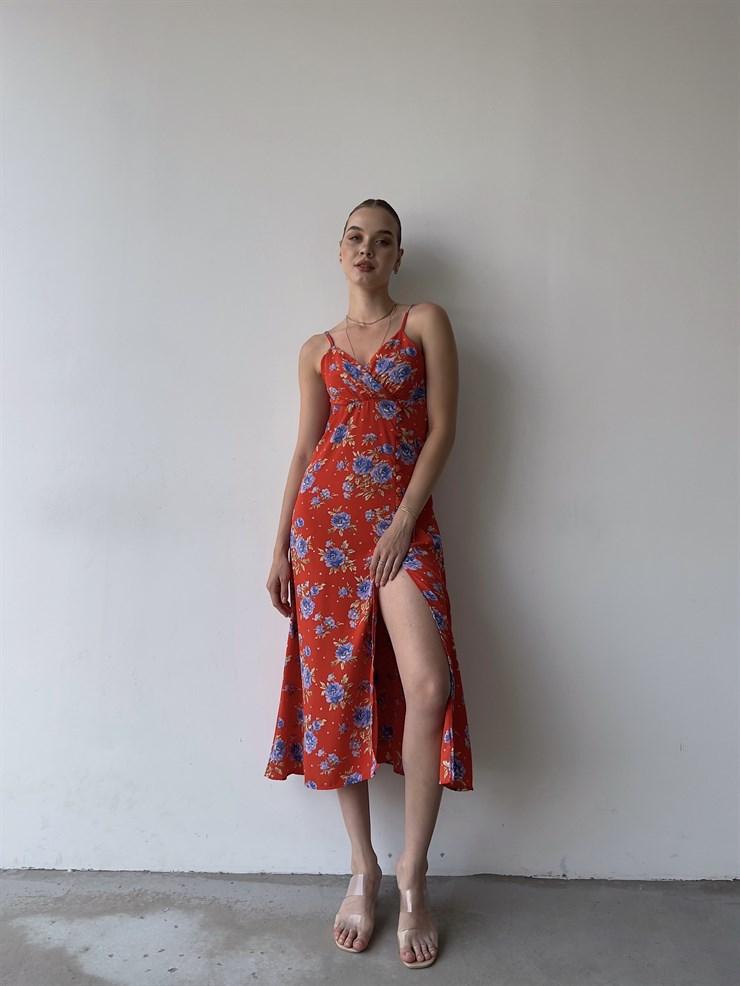 Midi Boy Çiçekli Kruvaze Yaka Yırtmaçlı Ruber Kadın Kırmızı Elbise 22Y000357