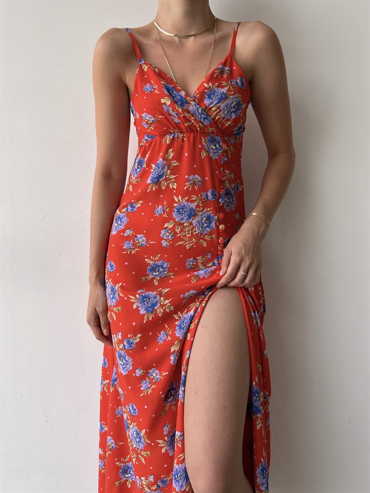 Midi Boy Çiçekli Kruvaze Yaka Yırtmaçlı Ruber Kadın Kırmızı Elbise 22Y000357