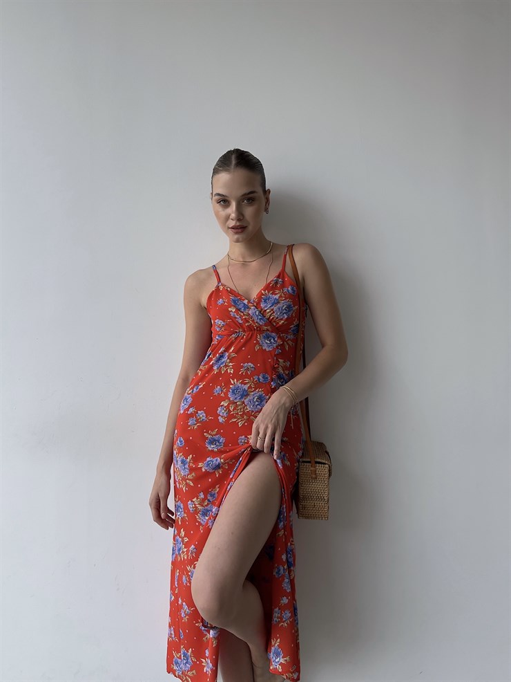 Midi Boy Çiçekli Kruvaze Yaka Yırtmaçlı Ruber Kadın Kırmızı Elbise 22Y000357