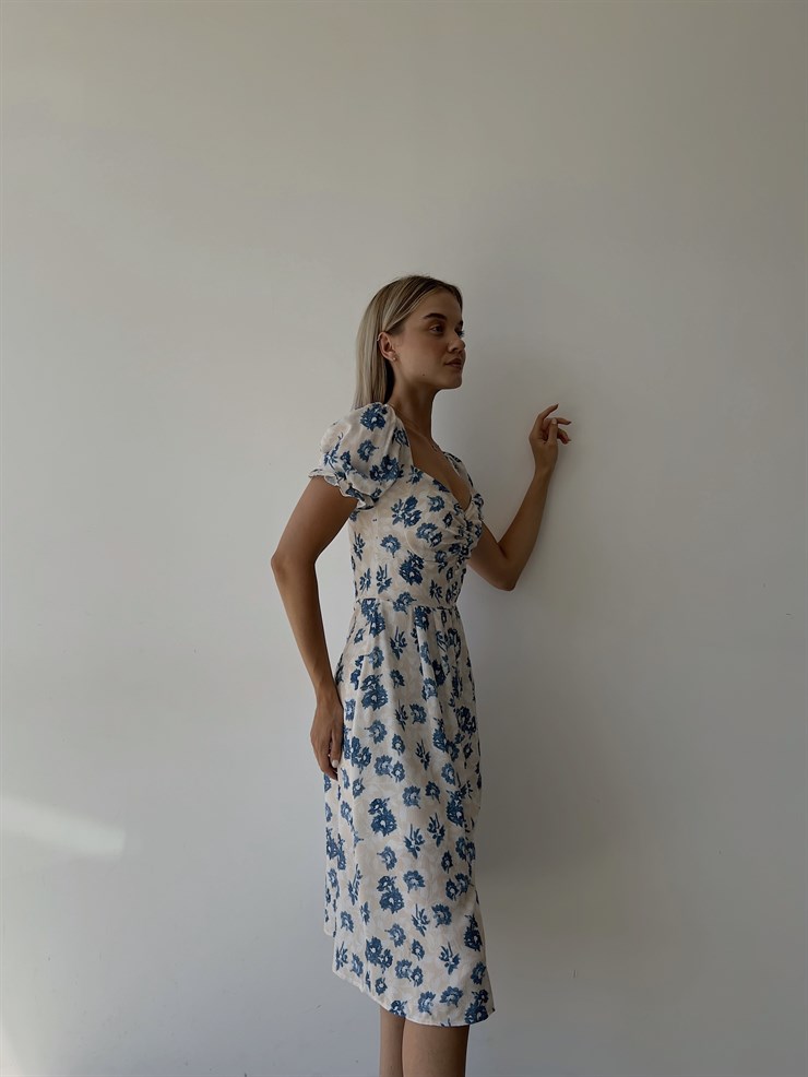 Midi Boy Desenli Boydan Düğme Detaylı Aralia Kadın Mavi  Elbise 22Y000400