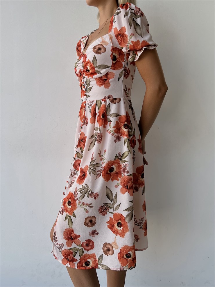 Midi Boy Desenli Boydan Düğme Detaylı Aralia Kadın Pudra Elbise 22Y000400