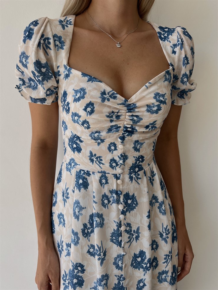 Midi Boy Desenli Boydan Düğme Detaylı Aralia Kadın Mavi  Elbise 22Y000400