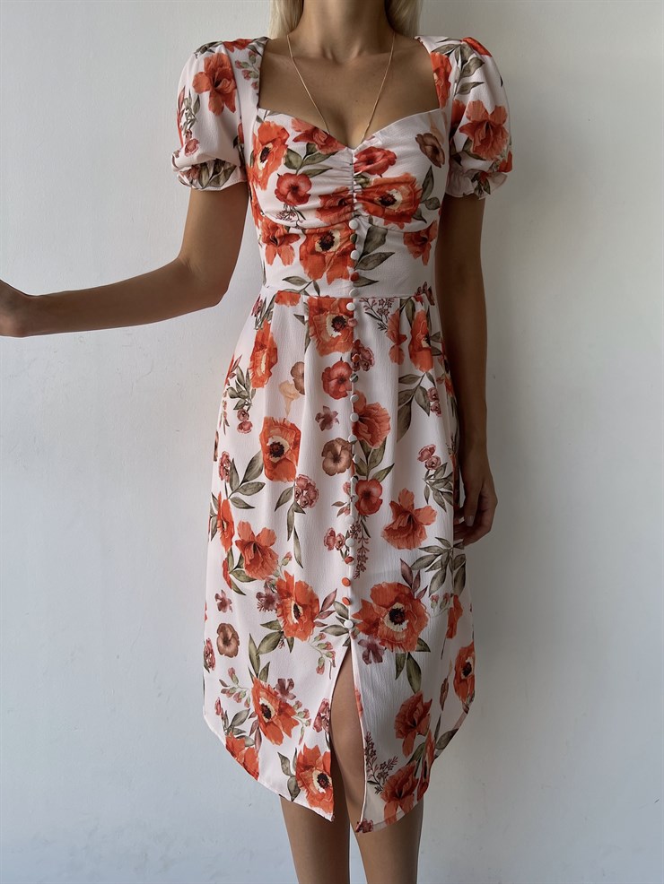 Midi Boy Desenli Boydan Düğme Detaylı Aralia Kadın Pudra Elbise 22Y000400