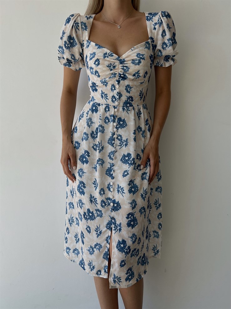 Midi Boy Desenli Boydan Düğme Detaylı Aralia Kadın Mavi  Elbise 22Y000400