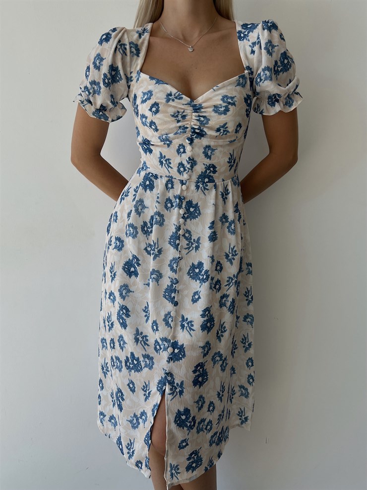 Midi Boy Desenli Boydan Düğme Detaylı Aralia Kadın Mavi  Elbise 22Y000400