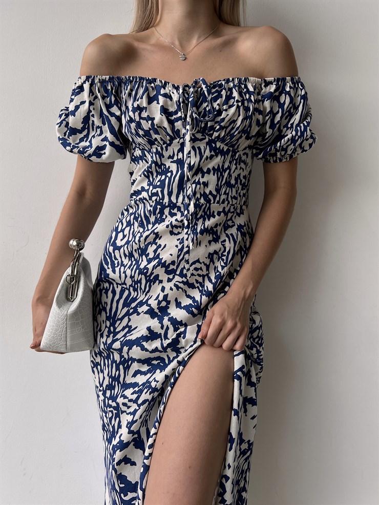 Midi Boy Desenli Lastikli Yaka Yırtmaçlı Novus Kadın Mavi Elbise 22Y000375