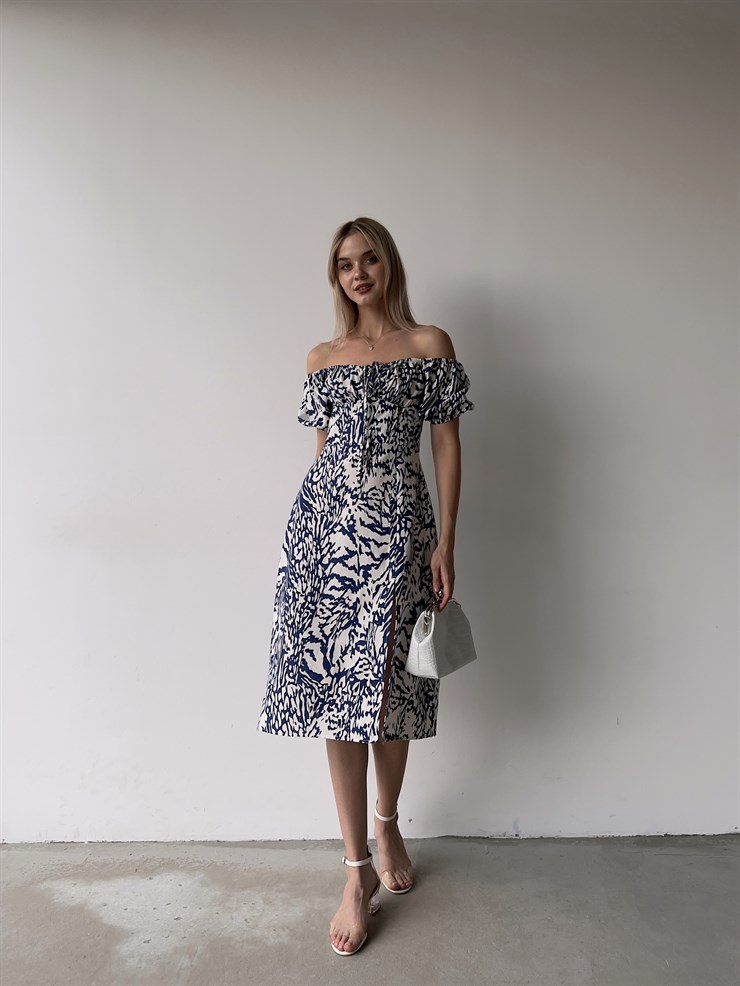 Midi Boy Desenli Lastikli Yaka Yırtmaçlı Novus Kadın Mavi Elbise 22Y000375