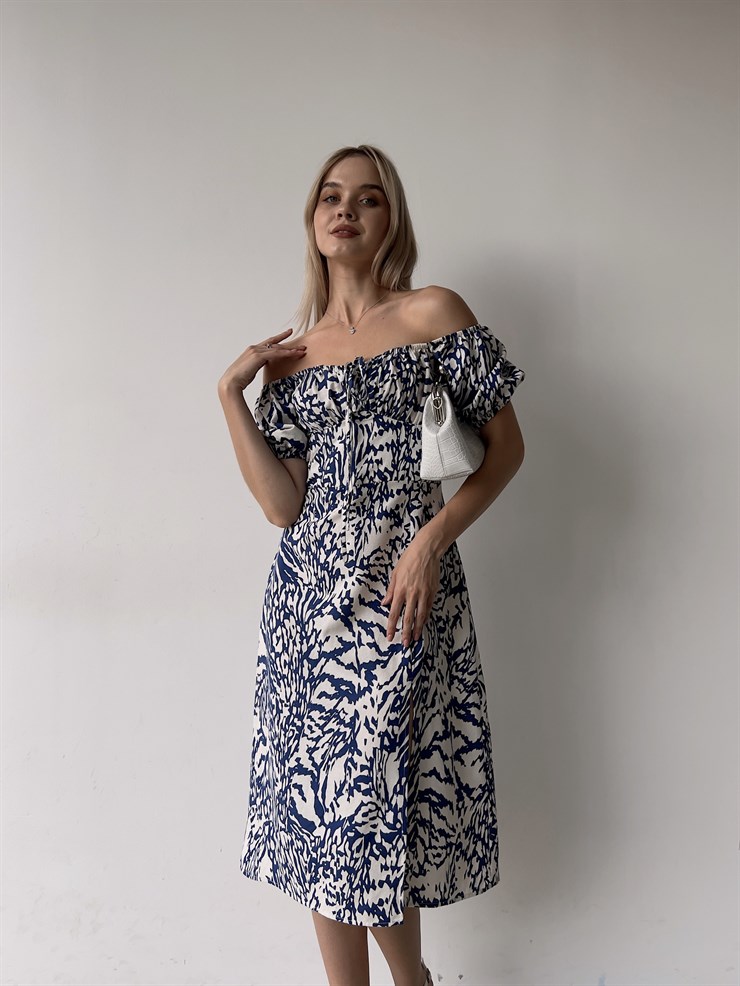 Midi Boy Desenli Lastikli Yaka Yırtmaçlı Novus Kadın Mavi Elbise 22Y000375