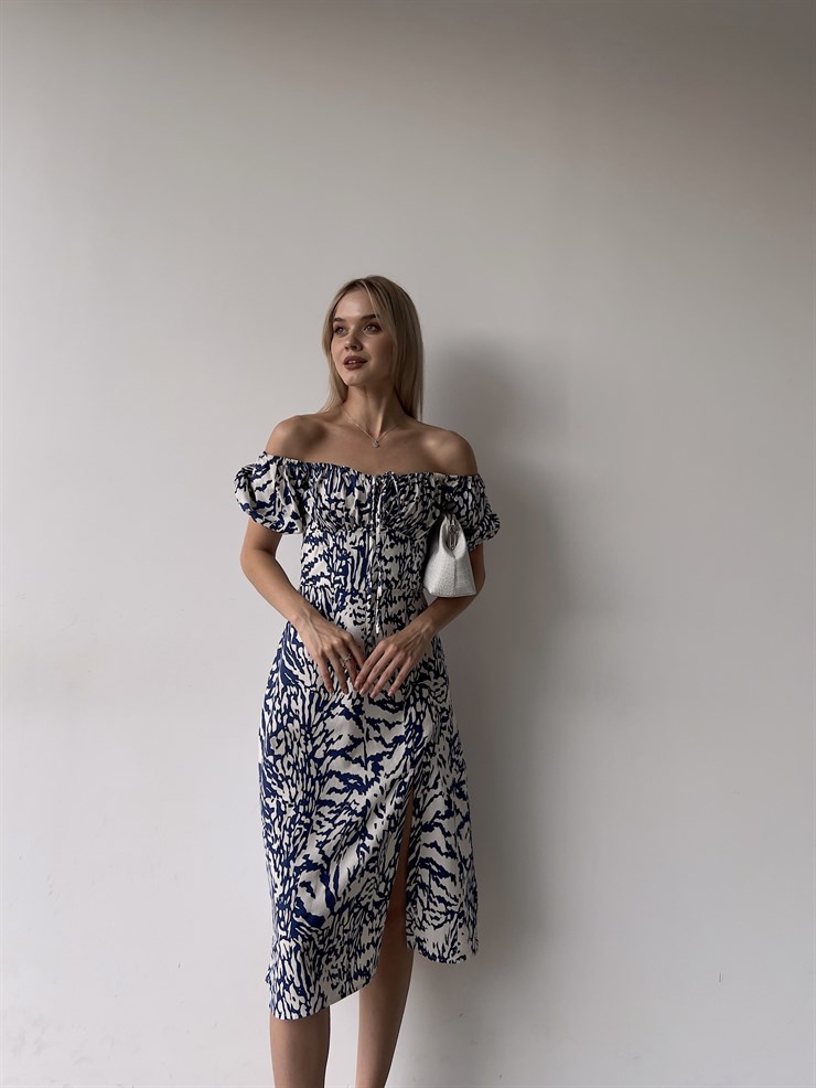 Midi Boy Desenli Lastikli Yaka Yırtmaçlı Novus Kadın Mavi Elbise 22Y000375