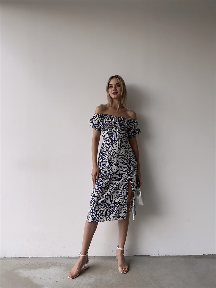 Midi Boy Desenli Lastikli Yaka Yırtmaçlı Novus Kadın Mavi Elbise 22Y000375