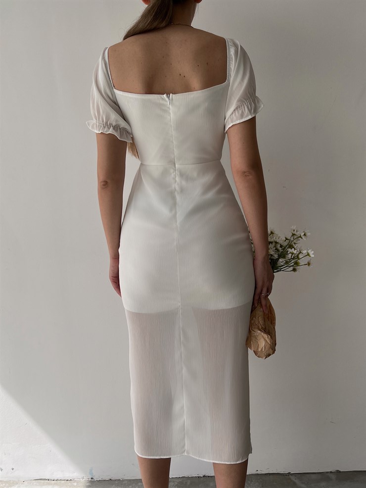 Midi Boy Drapeli Göğüs Kuplu Yırtmaçlı Maggie Kadın Beyaz Elbise 22Y000247