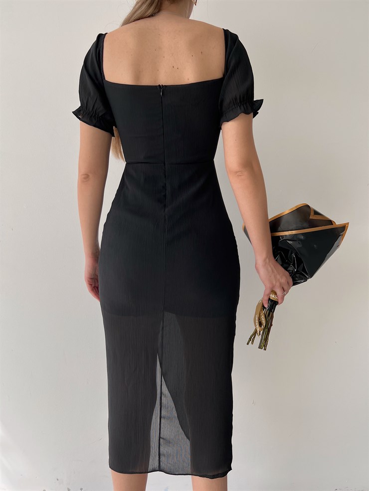 Midi Boy Drapeli Göğüs Kuplu Yırtmaçlı Maggie Kadın Siyah Elbise 22Y000247