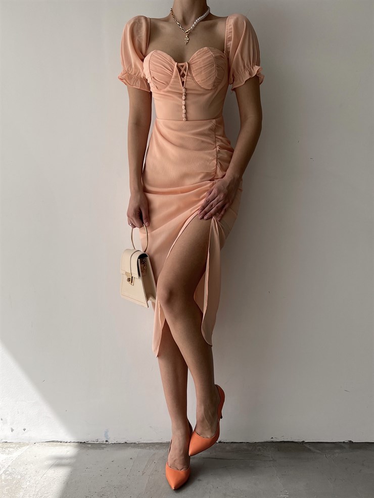 Midi Boy Drapeli Göğüs Kuplu Yırtmaçlı Maggie Kadın Pudra Elbise 22Y000247