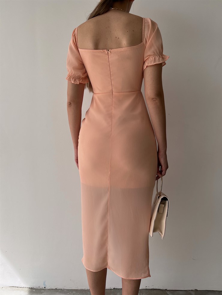 Midi Boy Drapeli Göğüs Kuplu Yırtmaçlı Maggie Kadın Pudra Elbise 22Y000247