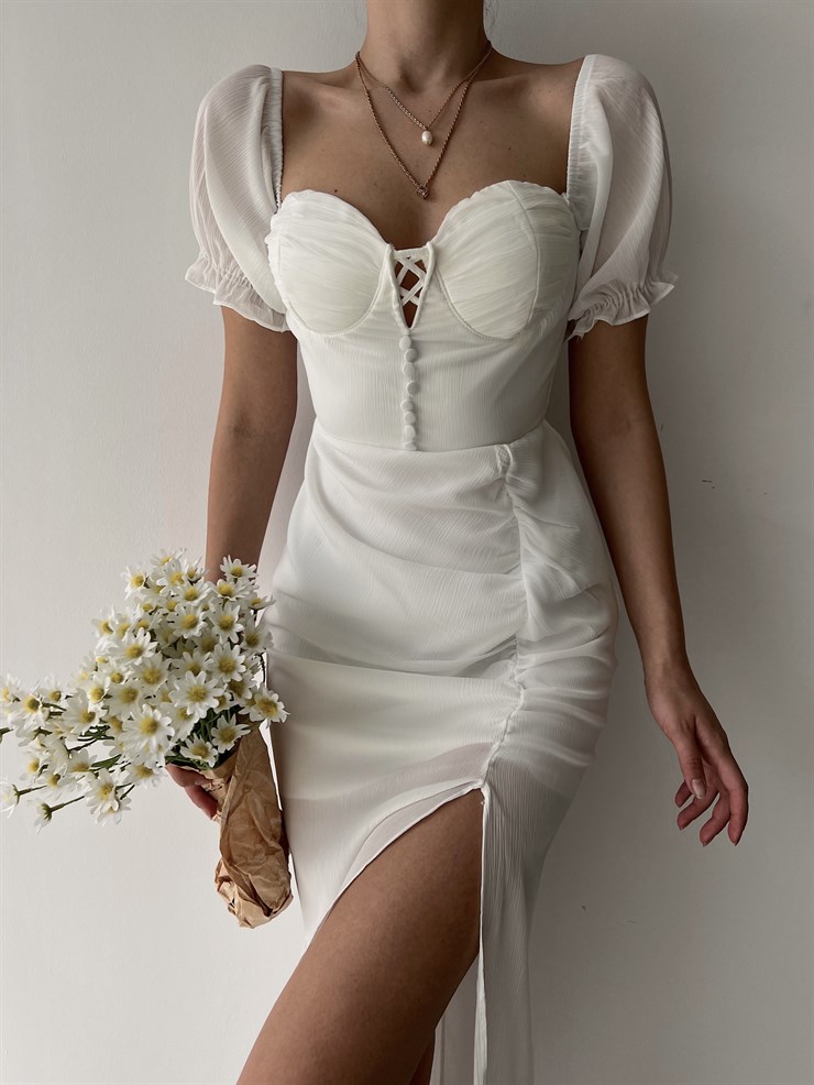 Midi Boy Drapeli Göğüs Kuplu Yırtmaçlı Maggie Kadın Beyaz Elbise 22Y000247