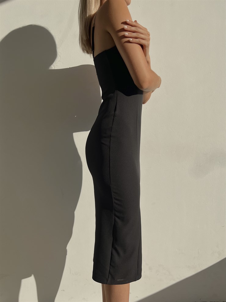 Midi Boy Likralı İnce Taş Askılı Yırtmaçlı Manlio Kadın Siyah Elbise 22Y000466