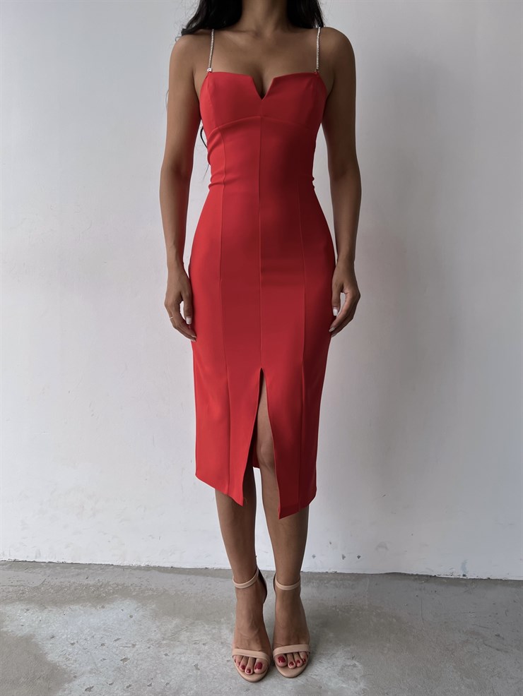 Midi Boy Likralı İnce Taş Askılı Yırtmaçlı Manlio Kadın Kırmızı Elbise 22Y000466