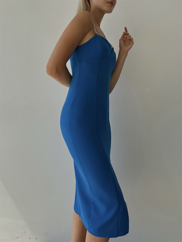 Midi Boy Likralı İnce Taş Askılı Yırtmaçlı Manlio Kadın Saks Elbise 22Y000466