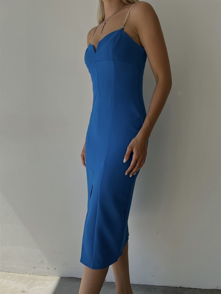 Midi Boy Likralı İnce Taş Askılı Yırtmaçlı Manlio Kadın Saks Elbise 22Y000466