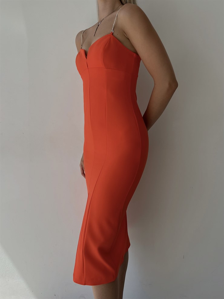 Midi Boy Likralı İnce Taş Askılı Yırtmaçlı Manlio Kadın Oranj Elbise 22Y000466