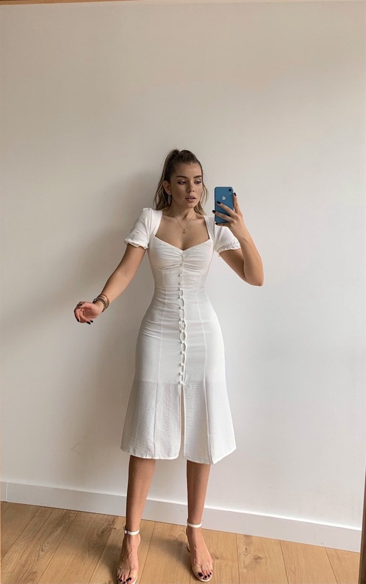 Midi Boy Önden Düğmeli Kadın Beyaz Elbise 21Y000318