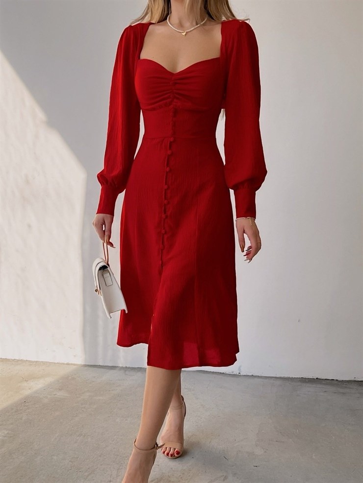 Midi Boydan Düğme Detaylı Kalp Yaka Dionis Kadın Kırmızı Elbise 22K000450