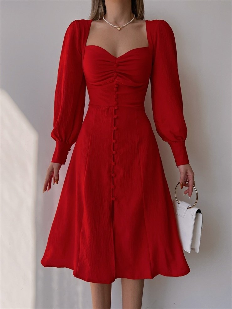 Midi Boydan Düğme Detaylı Kalp Yaka Dionis Kadın Kırmızı Elbise 22K000450