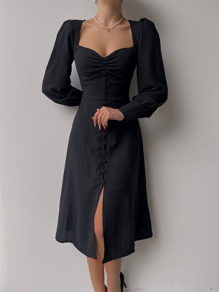 Midi Boydan Düğme Detaylı Kalp Yaka Dionis Kadın Siyah Elbise 22K000450