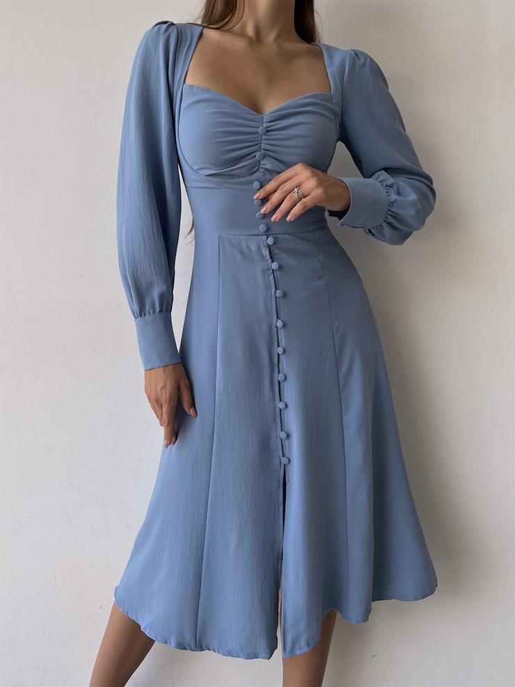 Midi Boydan Düğme Detaylı Kalp Yaka Dionis Kadın İndigo Elbise 22K000450