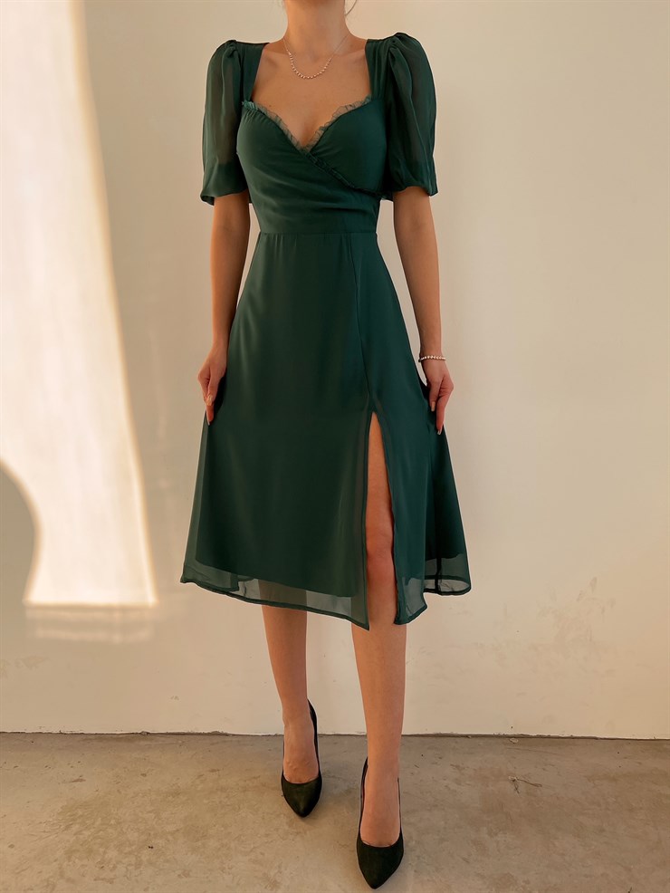 Midi Göğüs Kruvaze İnce Tül Detay Yırtmaçlı Annabel Kadın Yeşil Elbise 22Y000017