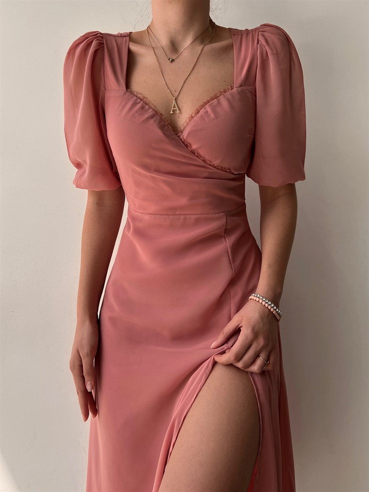 Midi Göğüs Kruvaze İnce Tül Detay Yırtmaçlı Annabel Kadın Pudra Elbise 22Y000017