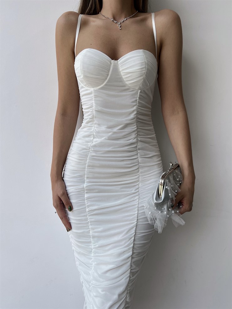 Midi Göğüs Kuplu Büzgülü Mellona Kadın Beyaz Kalem Elbise 22Y000326