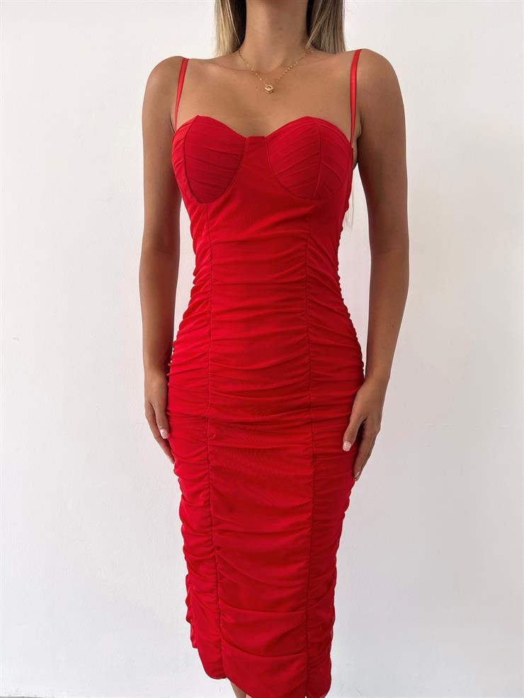 Midi Göğüs Kuplu Büzgülü Mellona Kadın Kırmızı Kalem Elbise 22Y000326