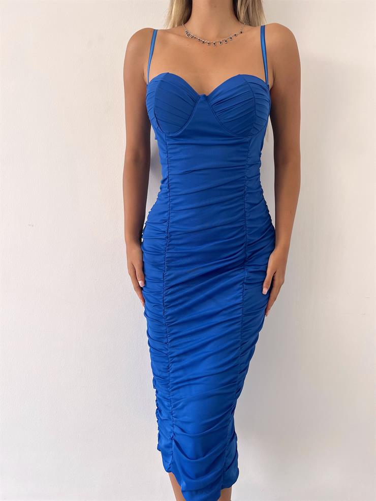 Midi Göğüs Kuplu Büzgülü Mellona Kadın Saks Kalem Elbise 22Y000326