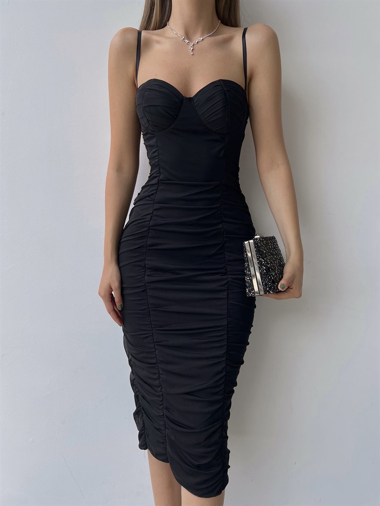 Midi Göğüs Kuplu Büzgülü Mellona Kadın Siyah Kalem Elbise 22Y000326