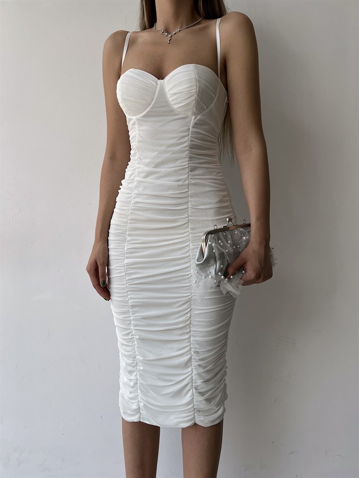 Midi Göğüs Kuplu Büzgülü Mellona Kadın Beyaz Kalem Elbise 22Y000326