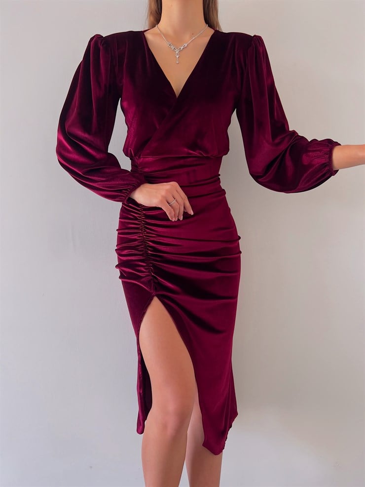 Midi Önden Yırtmaçlı Lucetta Kadın Bordo Kadife Elbise 22K000422