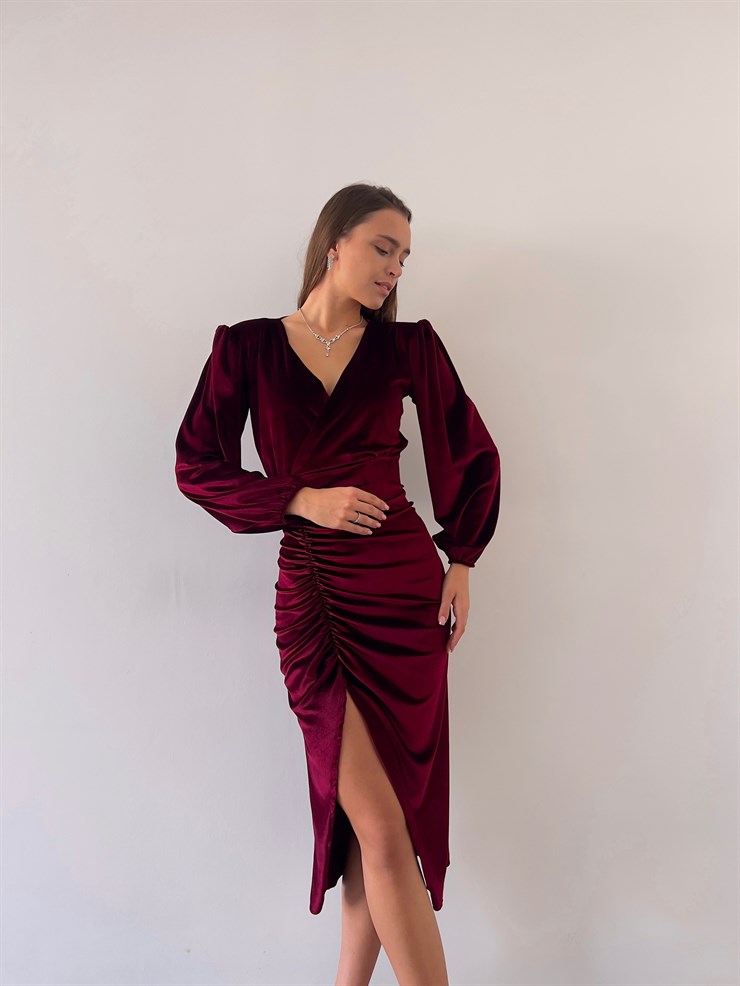 Midi Önden Yırtmaçlı Lucetta Kadın Bordo Kadife Elbise 22K000422