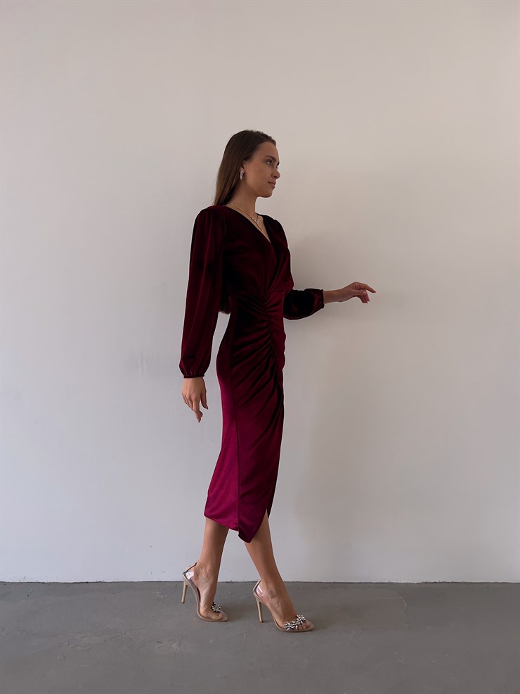 Midi Önden Yırtmaçlı Lucetta Kadın Bordo Kadife Elbise 22K000422