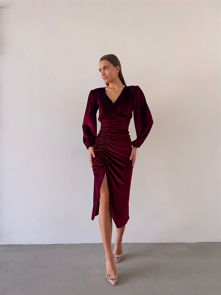 Midi Önden Yırtmaçlı Lucetta Kadın Bordo Kadife Elbise 22K000422
