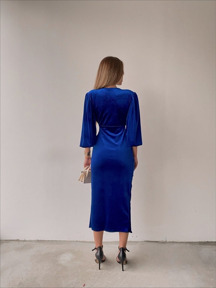 Midi Önden Yırtmaçlı Lucetta Kadın Saks Kadife Elbise 22K000422