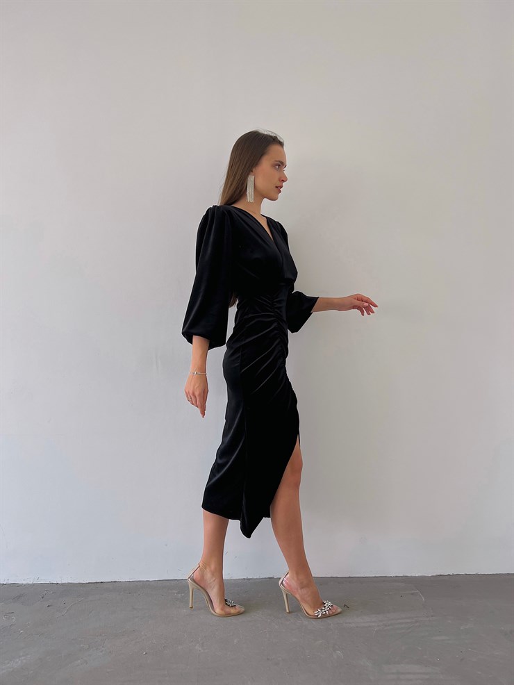 Midi Önden Yırtmaçlı Lucetta Kadın Siyah Kadife Elbise 22K000422