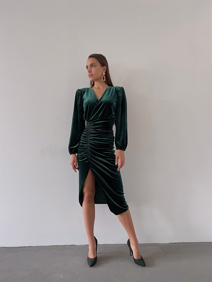 Midi Önden Yırtmaçlı Lucetta Kadın Zümrüt Kadife Elbise 22K000422