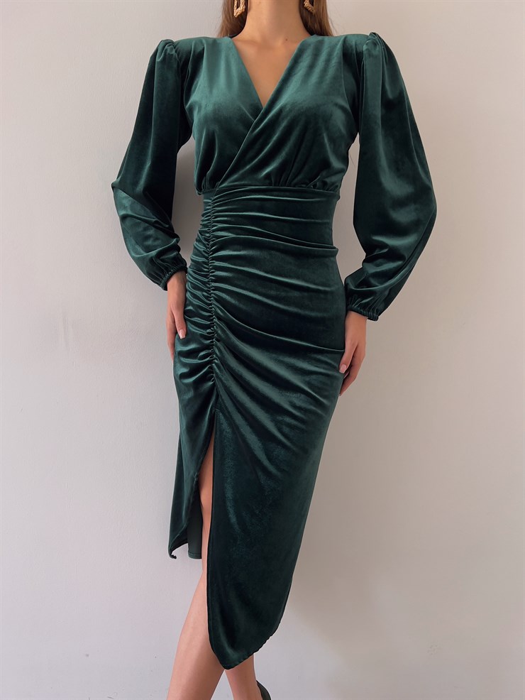 Midi Önden Yırtmaçlı Lucetta Kadın Zümrüt Kadife Elbise 22K000422