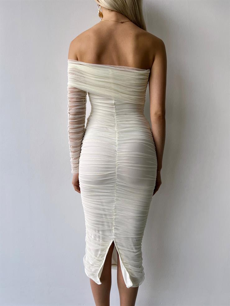 Midi Tek Kol Büzgülü Ninfe Kadın Ekru Tül Elbise 22K000524