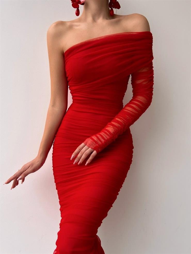 Midi Tek Kol Büzgülü Ninfe Kadın Kırmızı Tül Elbise 22K000524