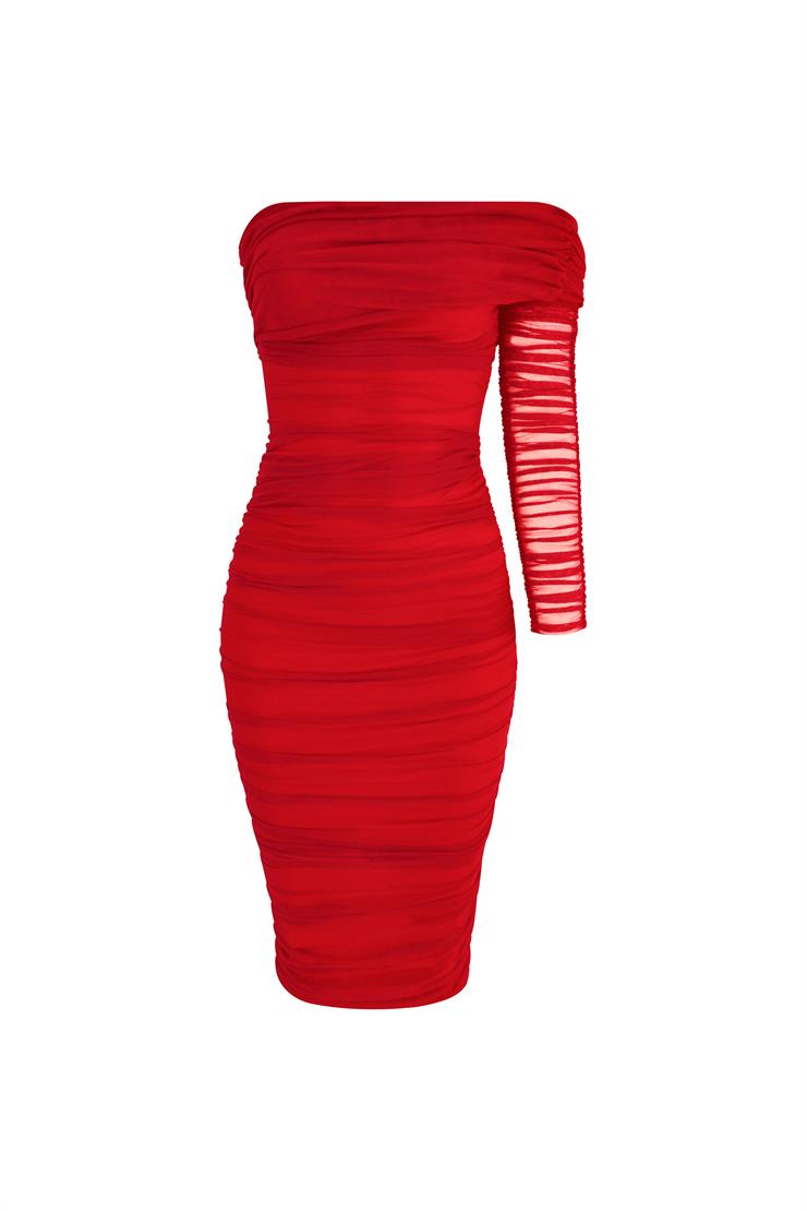 Midi Tek Kol Büzgülü Ninfe Kadın Kırmızı Tül Elbise 22K000524